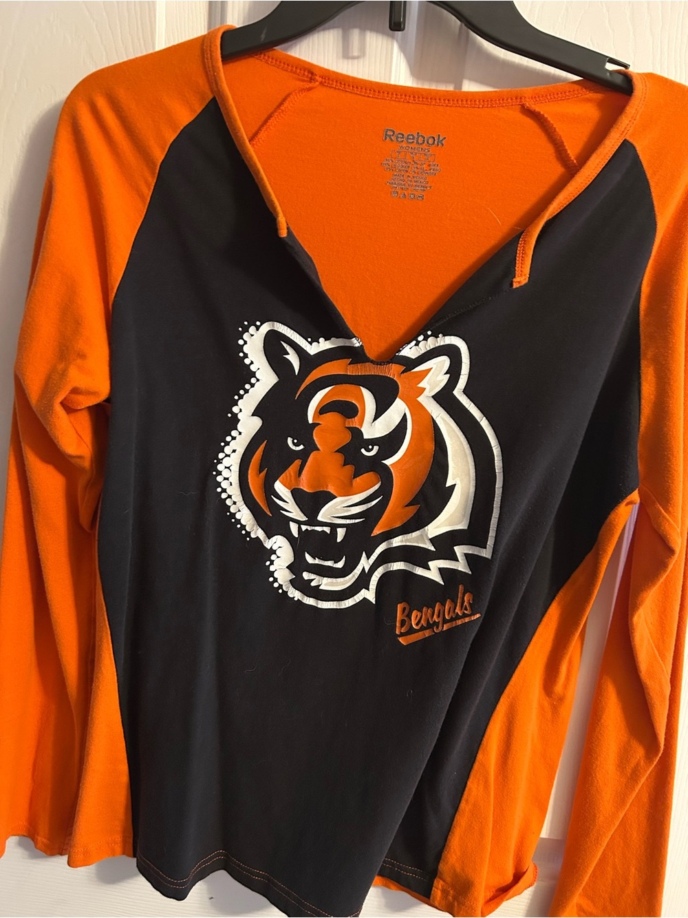 Reebok Black and Orange Bengals V‑Neck Fan Top